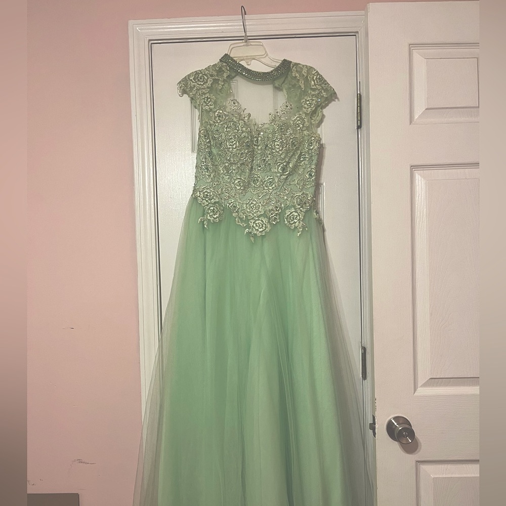 Teal Tulle Ballgown Style Prom Dress with Corset Back